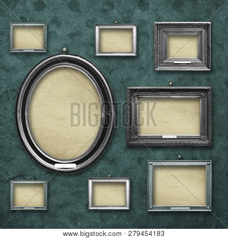 Set Of Wooden Vintage Silver Victorian Frames For Museum Exhibition