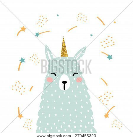 Funny Alpaca Unicorn With Glitter Horn. Kids Fashion Print. Vector Hand Drawn Illustration.