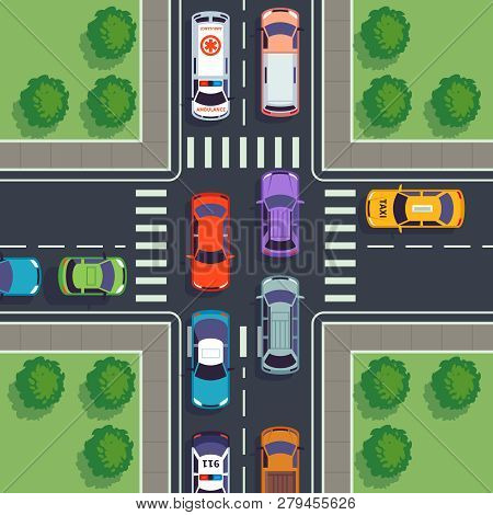 Crossroad Top View. City Car Traffic Top Viewing House Road From Above Street Cars Building Asphalt 