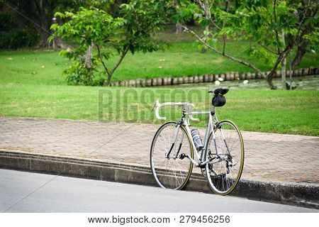 Bicycle Paking Beside The Bicycle Track Outdoor In Public Park For Background