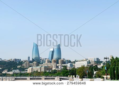 Baku, Azerbaijan - September 26, 2018. Baku Flame Towers Is The Tallest Skyscraper In Baku. Panorami