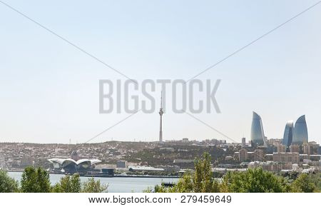 Baku, Azerbaijan - September 26, 2018. Baku Flame Towers Is The Tallest Skyscraper In Baku. Panorami