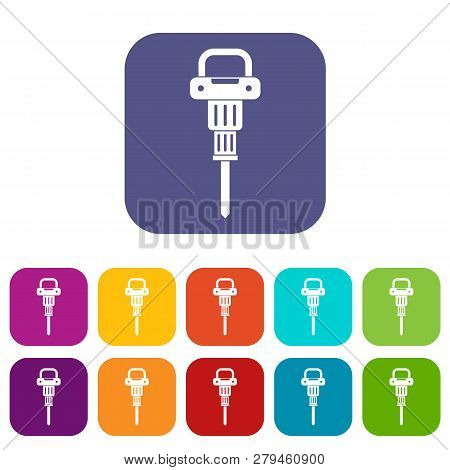 Pneumatic Hammer Icons Set Illustration In Flat Style In Colors Red, Blue, Green And Other