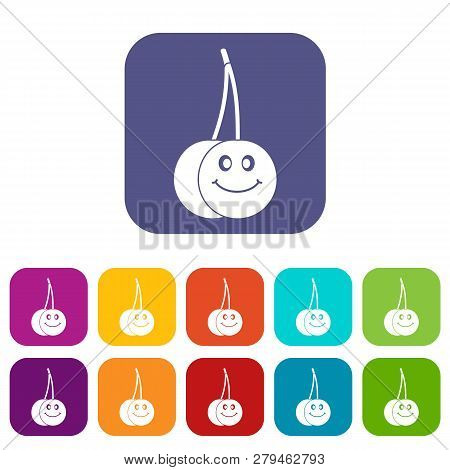 Ripe Smiling Cherry Icons Set Illustration In Flat Style In Colors Red, Blue, Green And Other