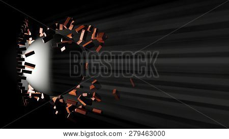 A Large Black Ball Smashed A Brick Wall. Visible Light From The Hole. 3d Illustration. The Concept O