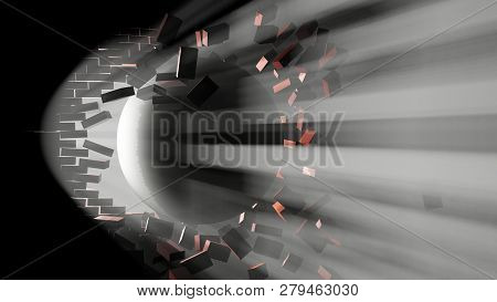 A Large Black Ball Smashed A Brick Wall. Visible Light From The Hole. 3d Illustration. The Concept O