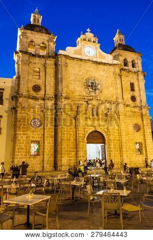Cartagena De Indias, Colombia - Aug 27, 2015: Church Of St Peter Claver In Cartagena During Evening.