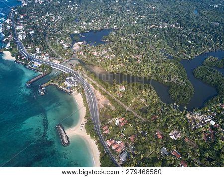 Aerial View. View Of The Waves In The Indian Ocean. Wild Beach In Midigama. Indian Ocean. Sri-lanka.