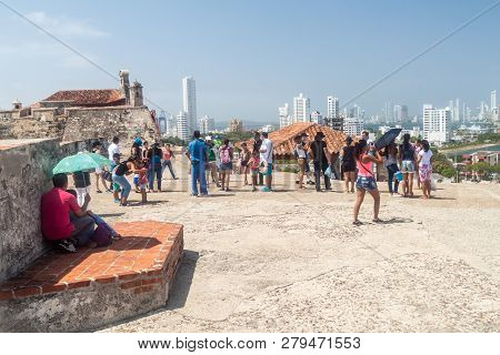 Cartagena De Indias, Colombia - Aug 30, 2015: Tourists Visit Castillo De San Felipe De Barajas Castl
