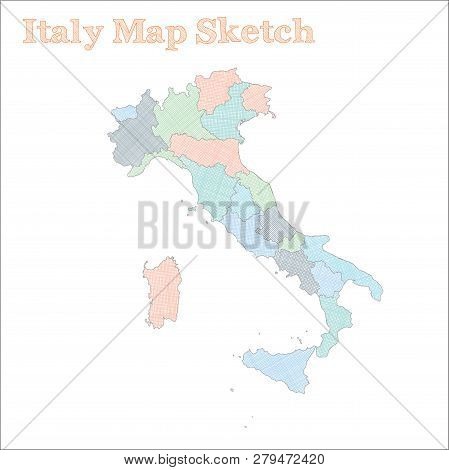 Italy Map. Hand-drawn Country. Mesmeric Sketchy Italy Map With Regions. Vector Illustration.
