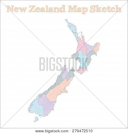 New Zealand Map. Hand-drawn Country. Valuable Sketchy New Zealand Map With Regions. Vector Illustrat