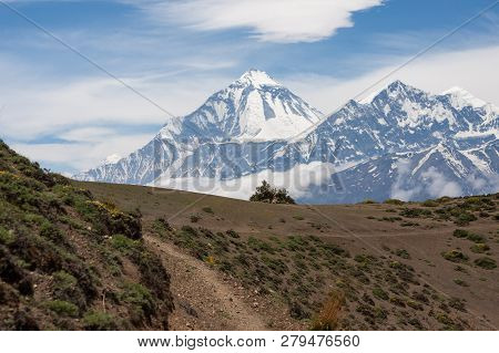 Trail In Himalayas Near Lupra Village On Annapurna Circuit.
