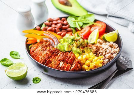 Mexican Chicken Burrito Bowl With Rice, Beans, Tomato, Avocado,corn And Spinach, White Background. M
