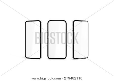 Blank White Screen In Black Phone Frame Mockup Set, Isolated, 3d Rendering. Empty Mobile Model Mock 