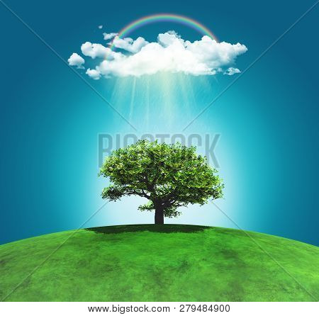 3d Render Of A Grassy Curved Landscape With A Tree, Rainbow And Raincloud