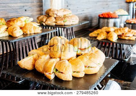 Selective Focus Point Catering Buffet In Hotel Restaurant - Vintage Light Filter