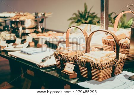Selective Focus Point On Catering Buffet In Hotel Restaurant - Vintage Filter Effect