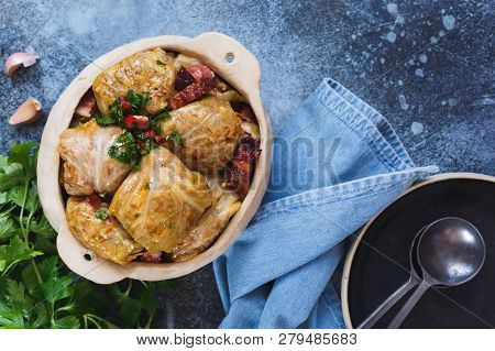 Prepared Stuffed Cabbage Rolls In A Pot Ready To Eat. Top View, Blank Space