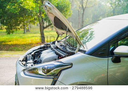 Open Hood Mechanic Engine System To Check And Repair Damage Car Crash.