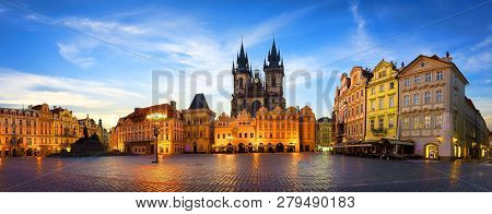 View On Prague Chimes And Tynsky Temple At Sunrise