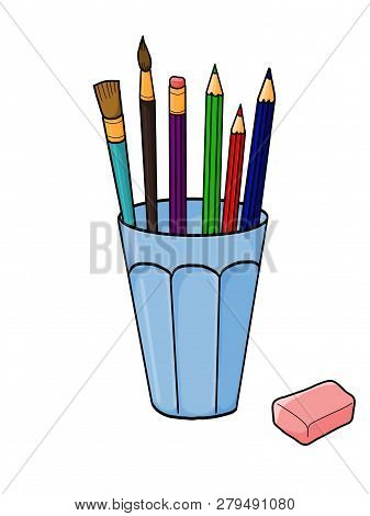 Illustration Of Office Supplies In Skyblue Cup