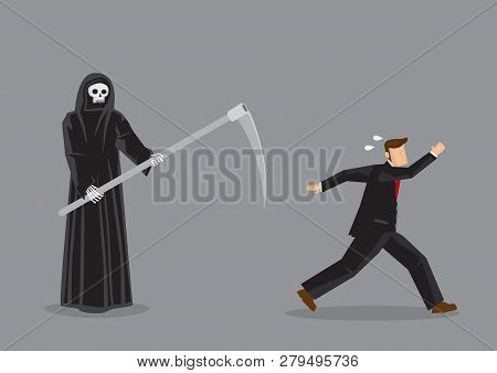 Terrified Business Professional Running Away From Grim Reaper, The God Of Death. Vector Illustration