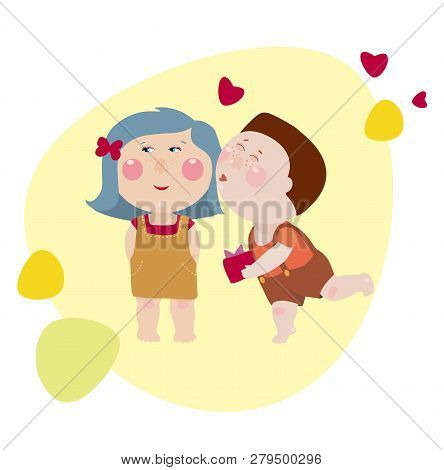Boy Kisses The Girl And Gives A Present Box To Her. Cute Little Children Illustration In Cartoon Sty