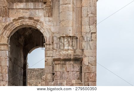 Jerash, Jordan, December 08, 2018 : Fragment Of Hadrians Gate In The Ruins Of The Great Roman City O