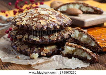 Sweet Dessert For Autumn Season, Dutch Filled Cookies With Marzipan And Almonds