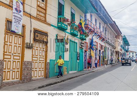 Filandia, Colombia - September 7, 2015: View Of A Street In Filandia Village