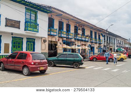 Filandia, Colombia - September 7, 2015: View Of A Street In Filandia Village