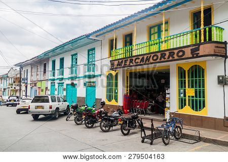 Filandia, Colombia - September 7, 2015: View Of A Street In Filandia Village