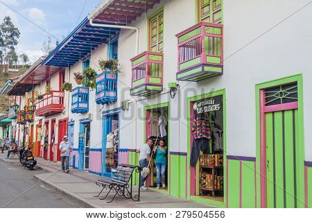 Salento, Colombia - September 7, 2015: Colorful Decorated Houses On Calle Real Royal Street In Salen