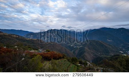 Nature Landscape Background Of Mountain View With Red And Green Leafs From Cingjing Farm, Nantou, Ta