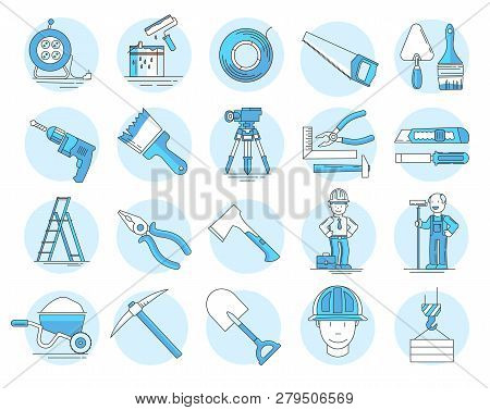 Modern Linear Pictogram Of Building Tools. Set Of Concept Line Icons Building Tools. Construction, H