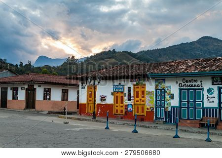 Salento, Colombia - September 9, 2015: Colorful Decorated Houses In Salento Village Colombia