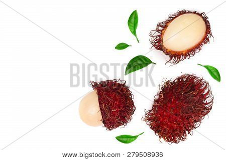 Rambutan With Leaves Isolated On White Background With Copy Space For Your Text. Tropical Fruit. Nep