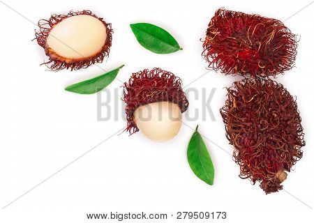 Rambutan With Leaves Isolated On White Background With Copy Space For Your Text. Tropical Fruit. Nep