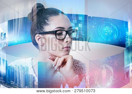 Serious Businesswoman In Glasses And White Sweater Looking At Immersive Business Telecommunication I