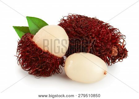 Rambutan With Leaves Isolated On White Background. Tropical Fruit. Nephelium Lappaceum