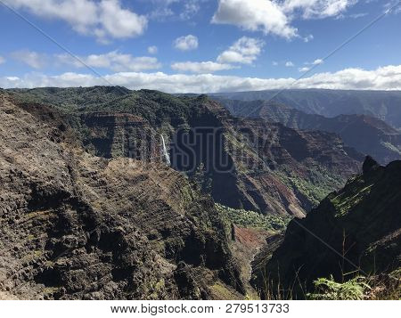Waimea Canyon View From Overlook With Waterfalls
