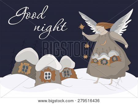 Winter Tale. Cute Christmas Card In Vector. Bright Festive Background With Little Sweet Angel. Angel