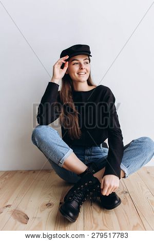 Beautiful Girl In A Black Cap, Black Golf, Blue Jeans! Natural Light, Smart Casua, Street Casual