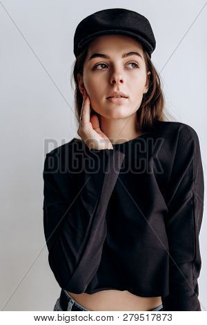 Beautiful Girl In A Black Cap, Black Golf, Blue Jeans! Natural Light, Smart Casua, Street Casual