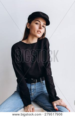 Beautiful Girl In A Black Cap, Black Golf, Blue Jeans! Natural Light, Smart Casua, Street Casual