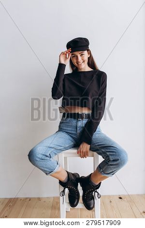 Beautiful Girl In A Black Cap, Black Golf, Blue Jeans! Natural Light, Smart Casua, Street Casual