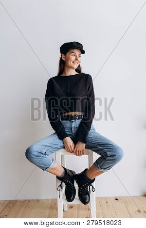 Beautiful Girl In A Black Cap, Black Golf, Blue Jeans! Natural Light, Smart Casua, Street Casual