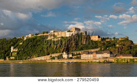 Koblenz, Germany May 2018. Panoramic View Of The Ehrenbreitstein Fortress On The Side Of River Rhine