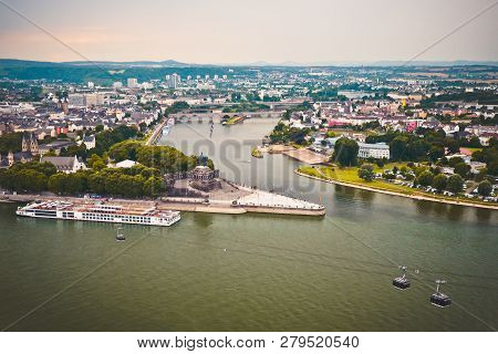 Koblenz, Germany August 2016. Historic German Corner (deutsche Eck) Where Rhine And Moselle Flow Tog