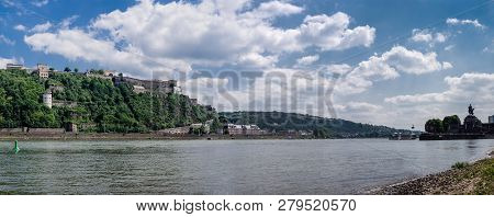 Koblenz, Germany May 2018. Panoramic View Of The Ehrenbreitstein Fortress On The Side Of River Rhine